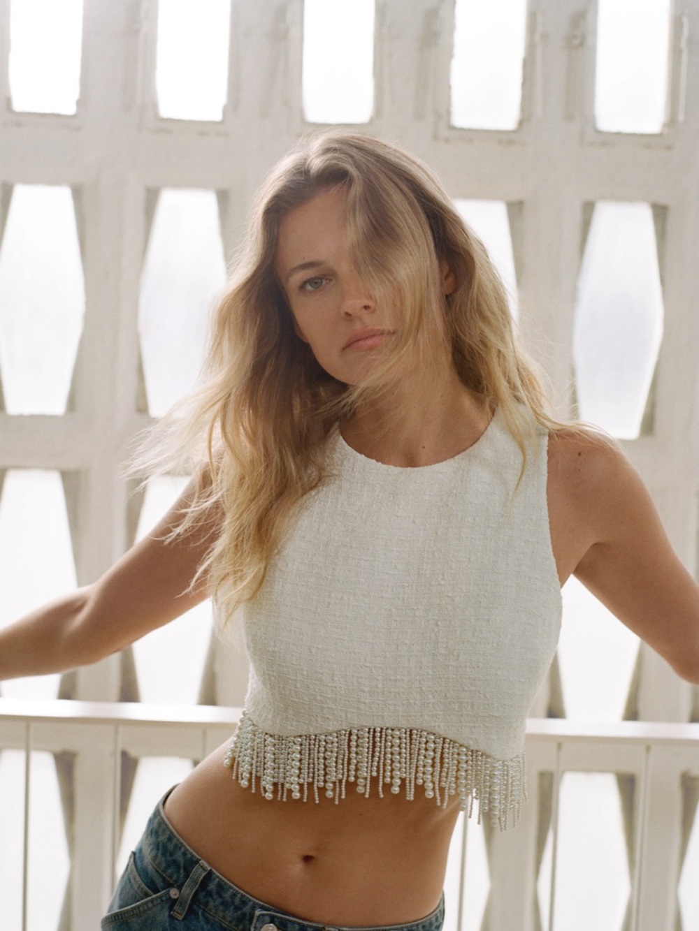 Mango White Beaded Fringe Crop Top